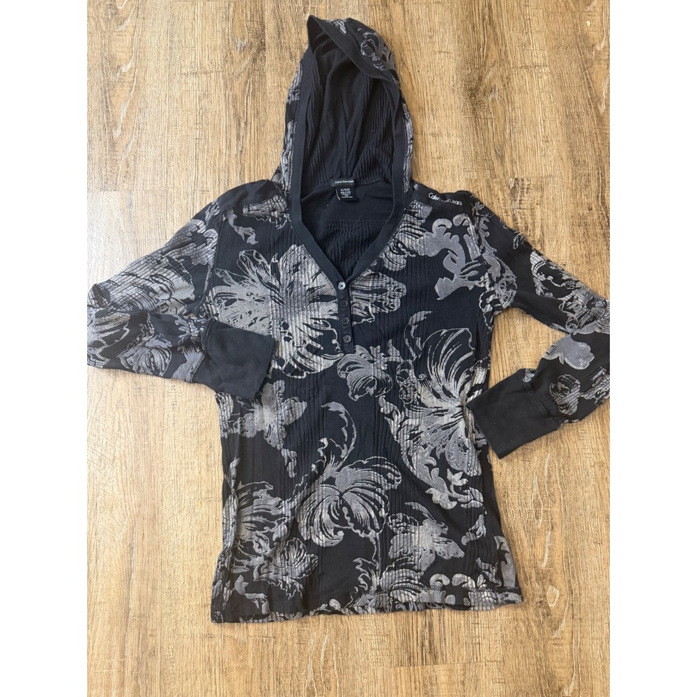 Calvin Klein Jeans Womens XL Black Gray Floral Ribbed Henley Hoodie Top Cotton